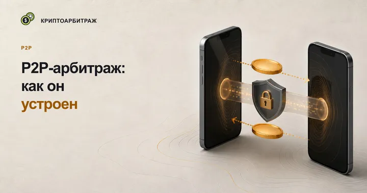 Две руки обменивают токен и банковскую карту через запертый прозрачный эскроу-бокс